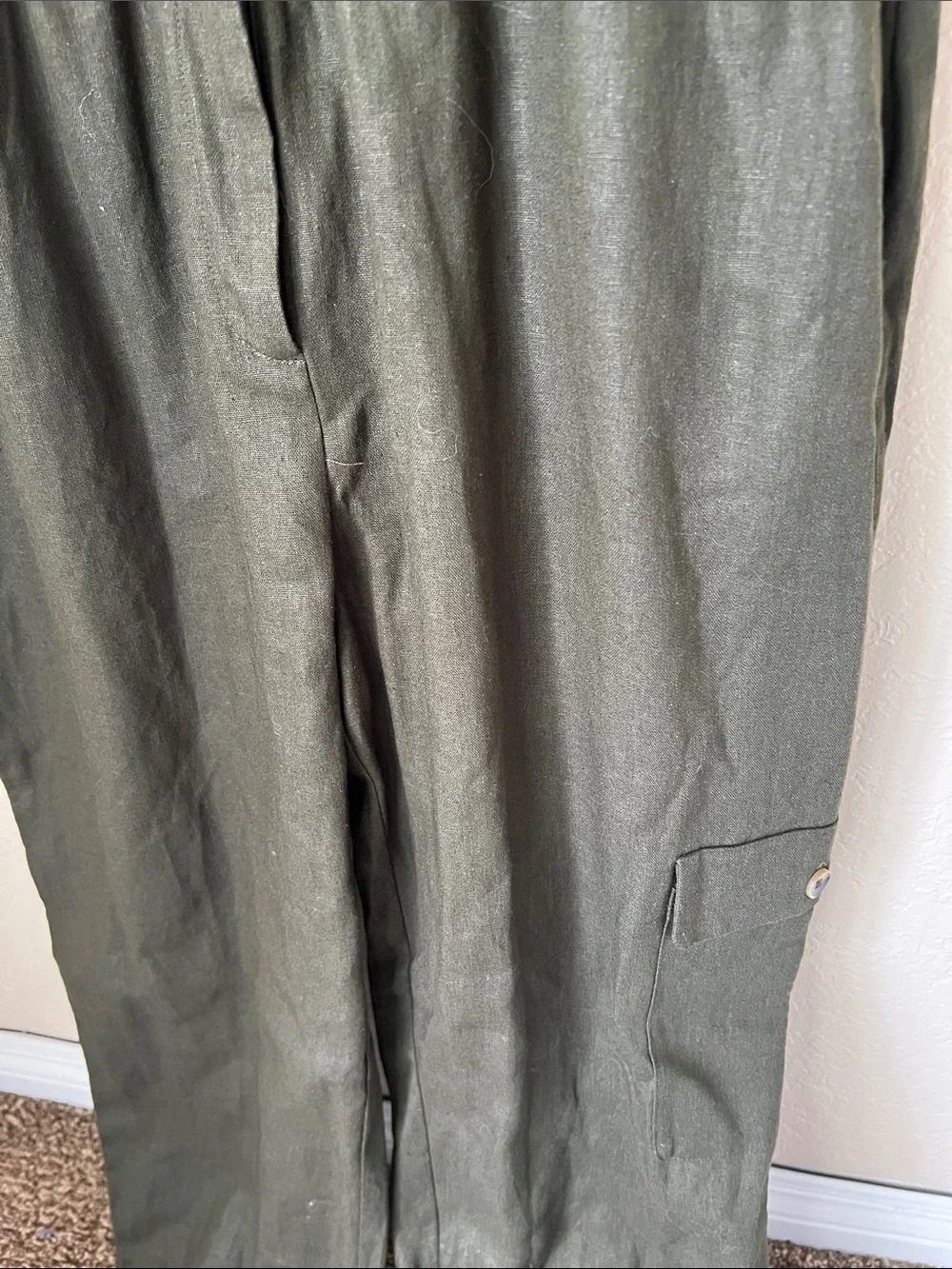 NWT Zara  dark khaki green linen blend utility jogger jumpsuit M
